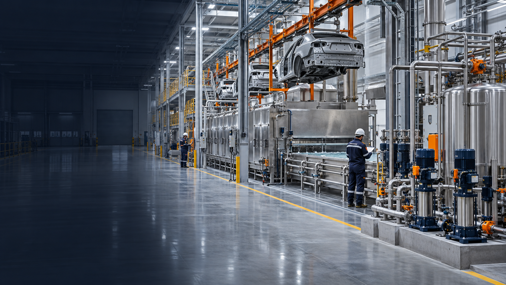 Línea industrial de tratamiento y pintura automotriz con técnicos inspeccionando el equipo